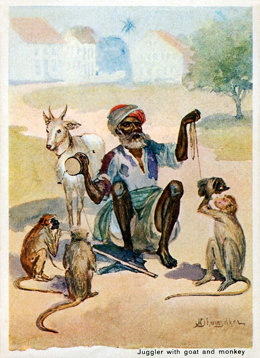 Juggler with goat and monkey