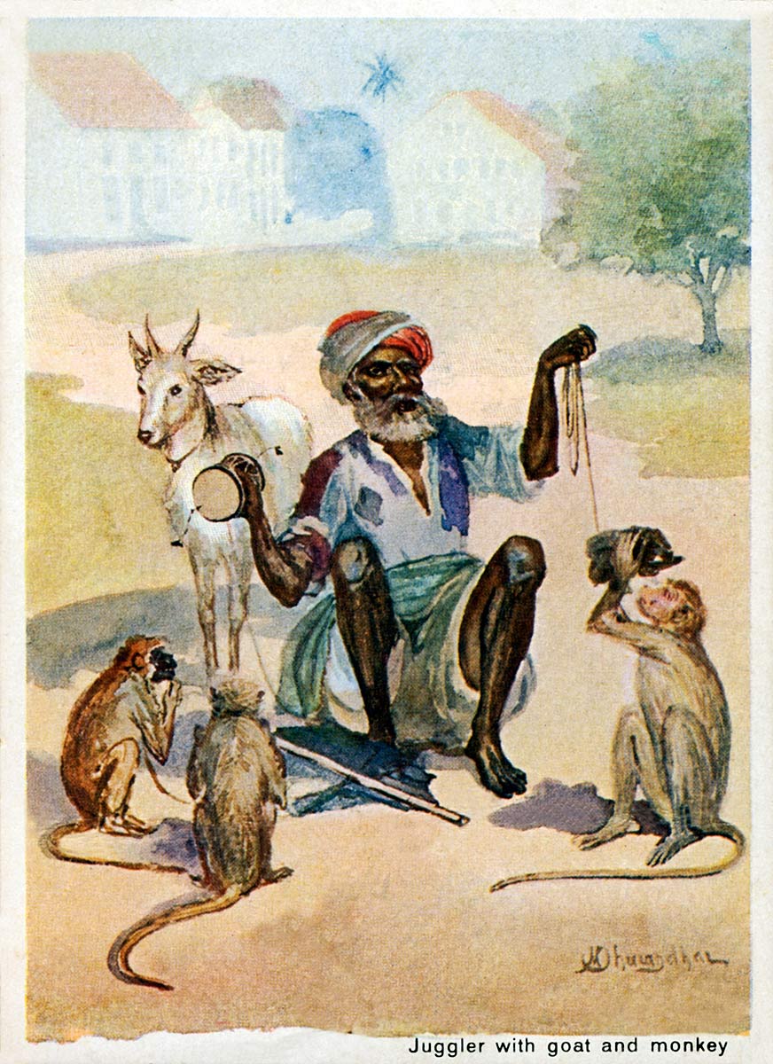 Juggler with goat and monkey