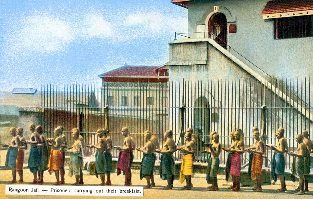 Rangoon Jail - Prisoners carrying out their breakfast