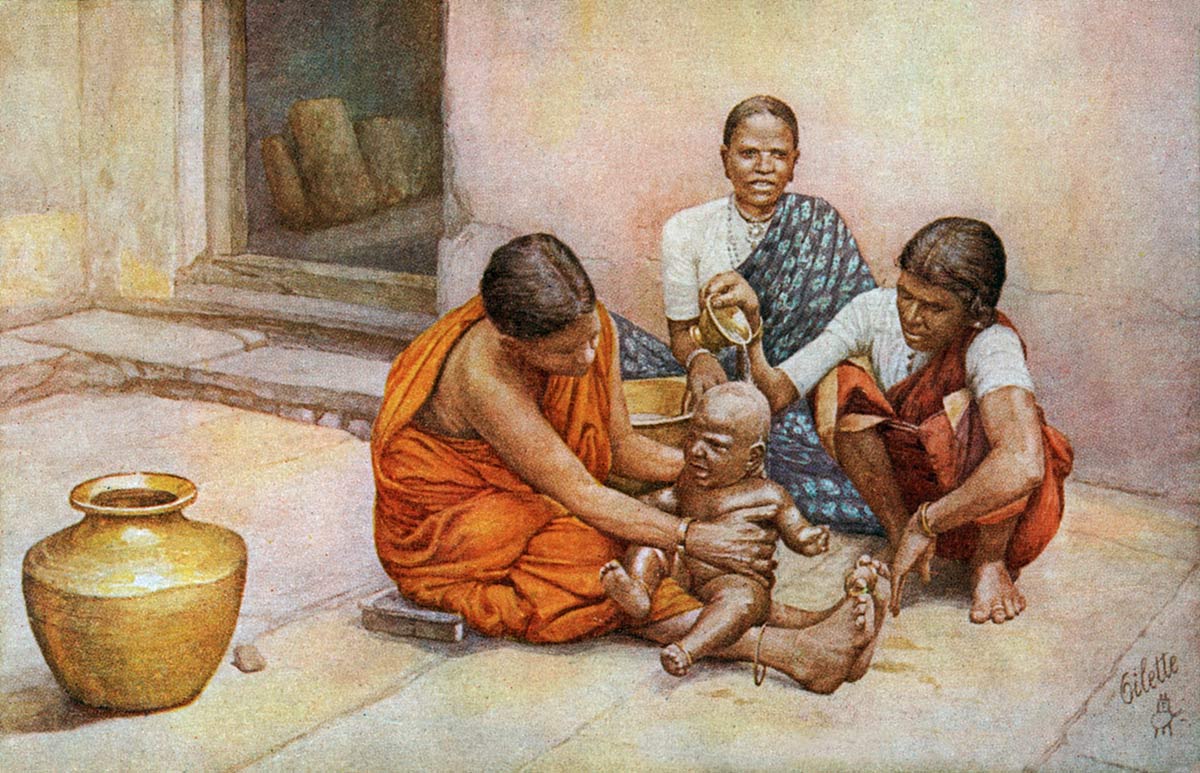 Types of India. The Household Washes the baby.